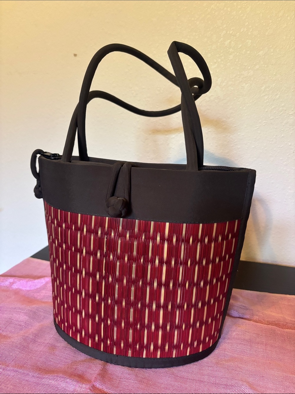 Baskets of Cambodia Woven Bucket Tote Bag Burgundy Black Artisan Handmade Boho